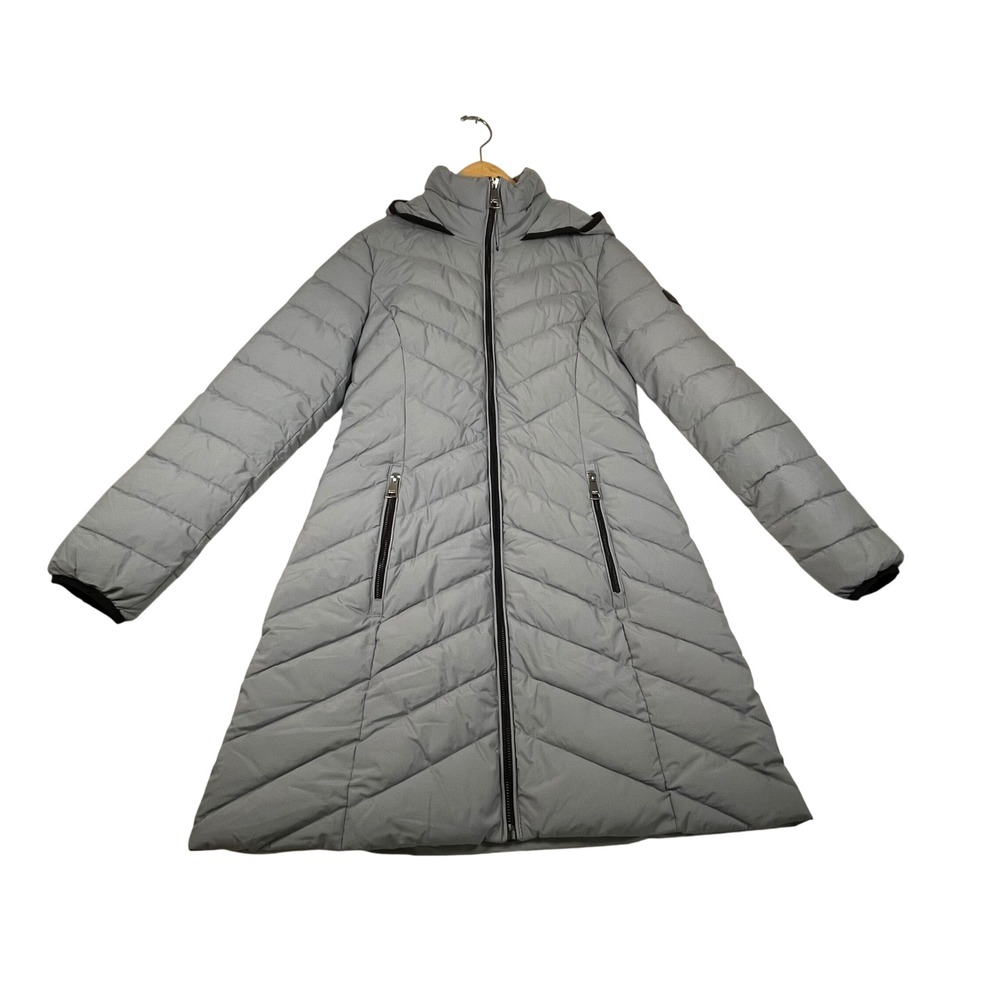 DKNY Womens Longline Puffer Coat Grey Blue Quilted Hooded Parka XS